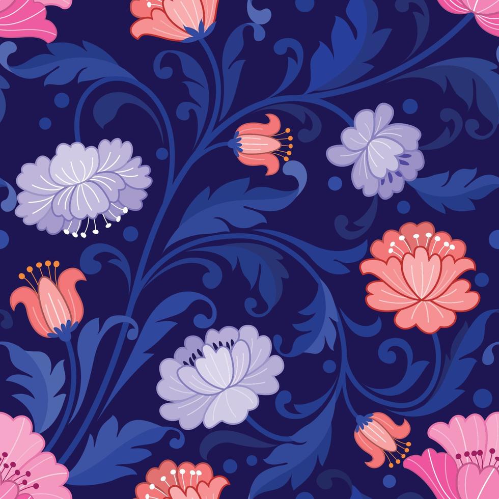 Beautiful Ornament floral pattern  on navy blue background. vector