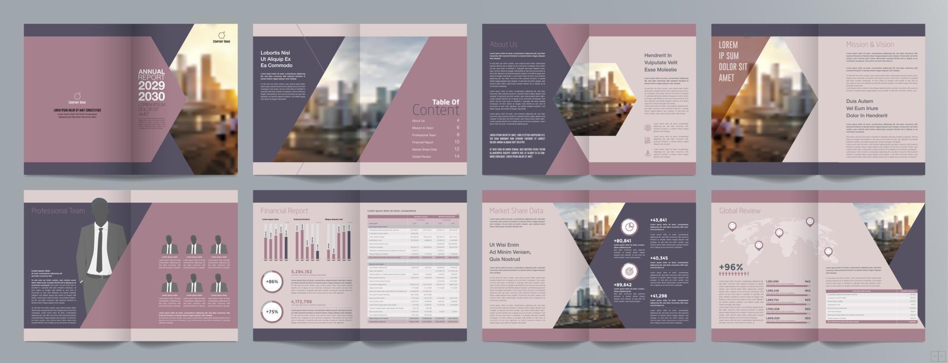 plantilla de folleto de guía de presentación de negocios corporativos, informe anual, plantilla de diseño de folleto de negocios geométrico plano minimalista de 16 páginas, tamaño a4. vector