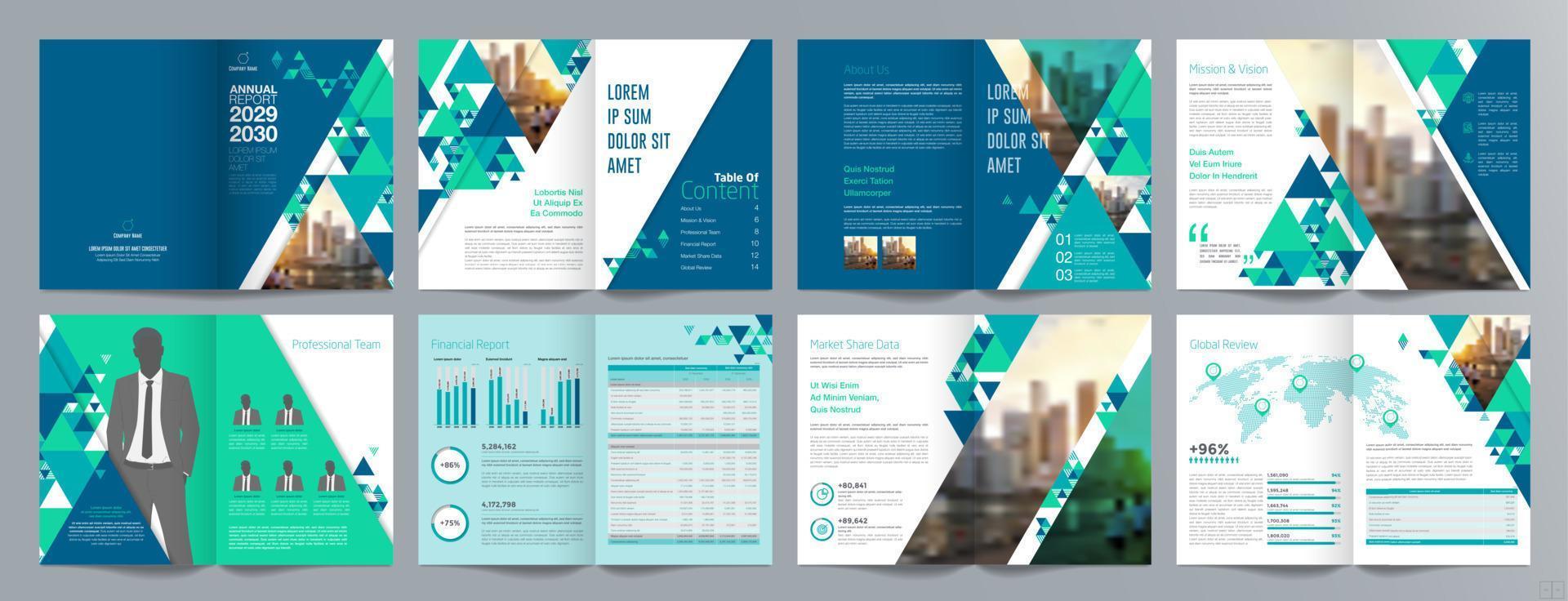 plantilla de folleto de guía de presentación de negocios corporativos, informe anual, plantilla de diseño de folleto de negocios geométrico plano minimalista de 16 páginas, tamaño a4. vector