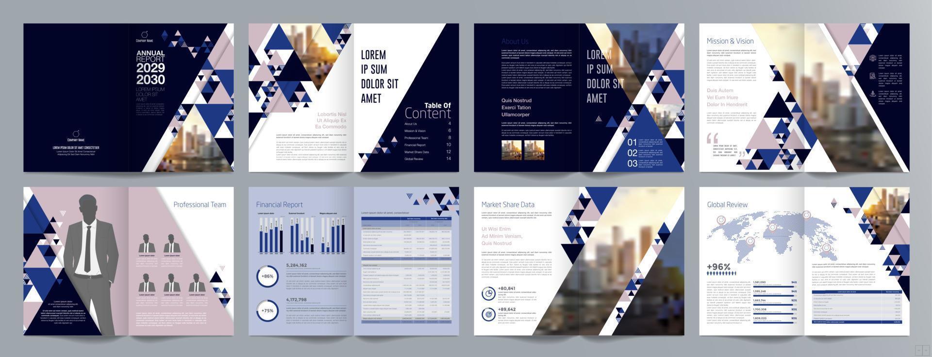 plantilla de folleto de guía de presentación de negocios corporativos, informe anual, plantilla de diseño de folleto de negocios geométrico plano minimalista de 16 páginas, tamaño a4. vector