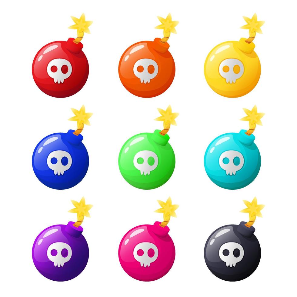 multi-colored bombs with skulls in a cartoon style. vector