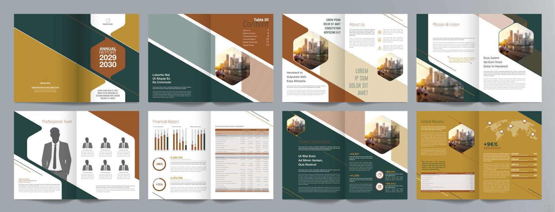 plantilla de folleto de guía de presentación de negocios corporativos, informe anual, plantilla de diseño de folleto de negocios geométrico plano minimalista de 16 páginas, tamaño a4. vector