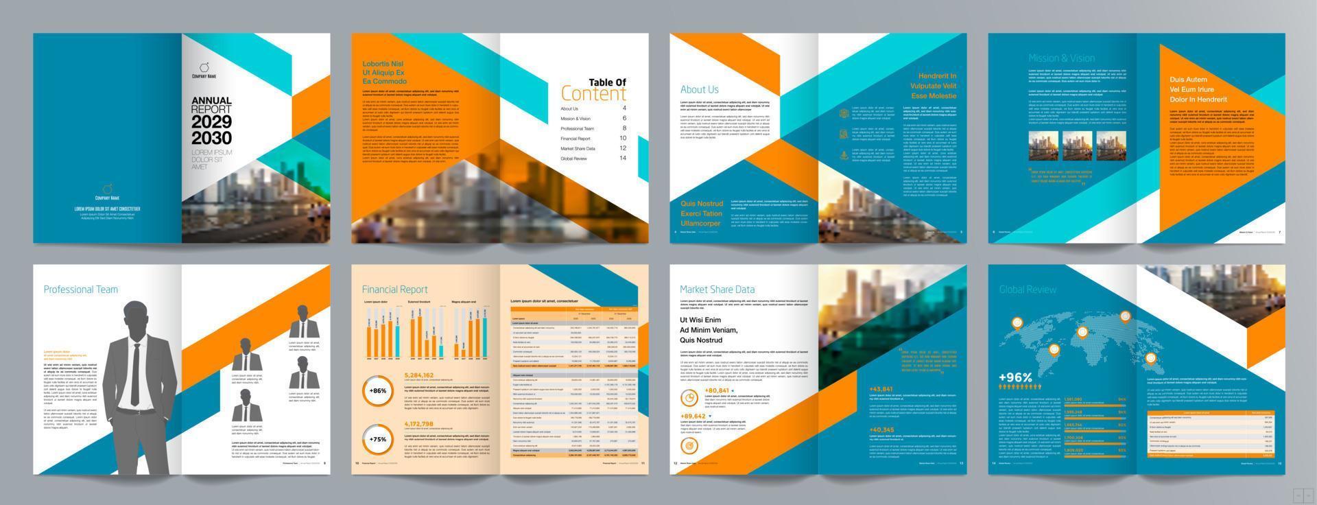 Corporate business presentation guide brochure template, Annual report, 16 page minimalist flat geometric business brochure design template, A4 size. vector