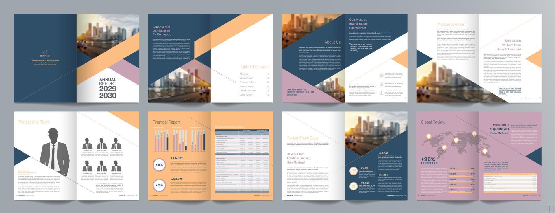 plantilla de folleto de guía de presentación de negocios corporativos, informe anual, plantilla de diseño de folleto de negocios geométrico plano minimalista de 16 páginas, tamaño a4. vector