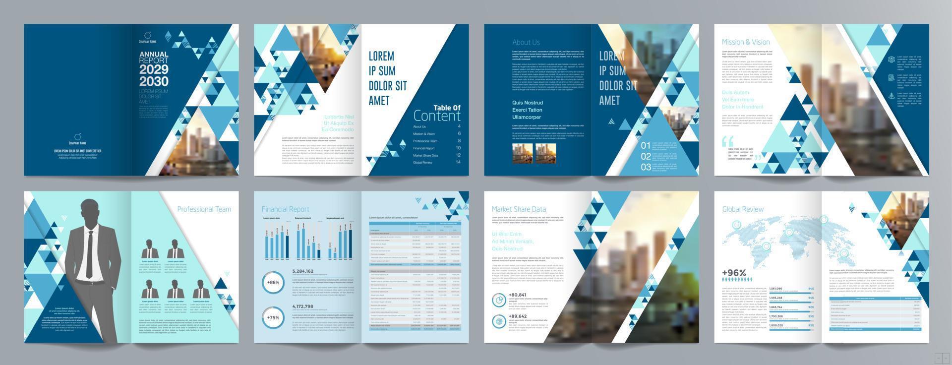 plantilla de folleto de guía de presentación de negocios corporativos, informe anual, plantilla de diseño de folleto de negocios geométrico plano minimalista de 16 páginas, tamaño a4. vector