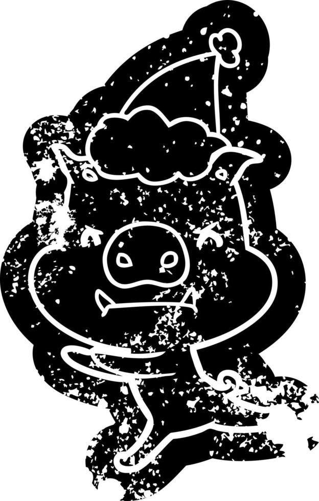 angry cartoon distressed icon of a pig wearing santa hat vector