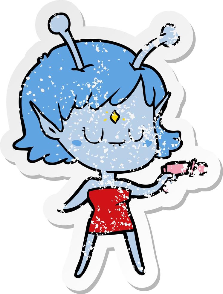 distressed sticker of a cartoon alien girl with ray gun vector