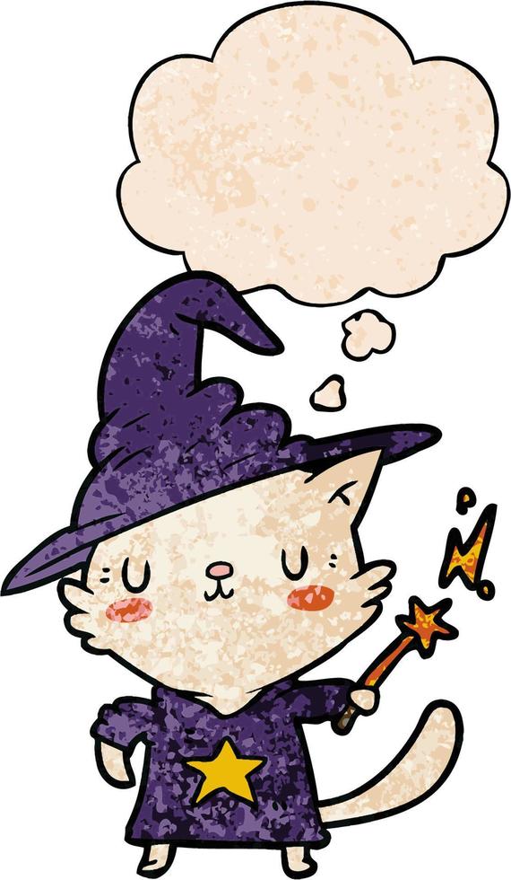 cartoon cat wizard and thought bubble in grunge texture pattern style vector