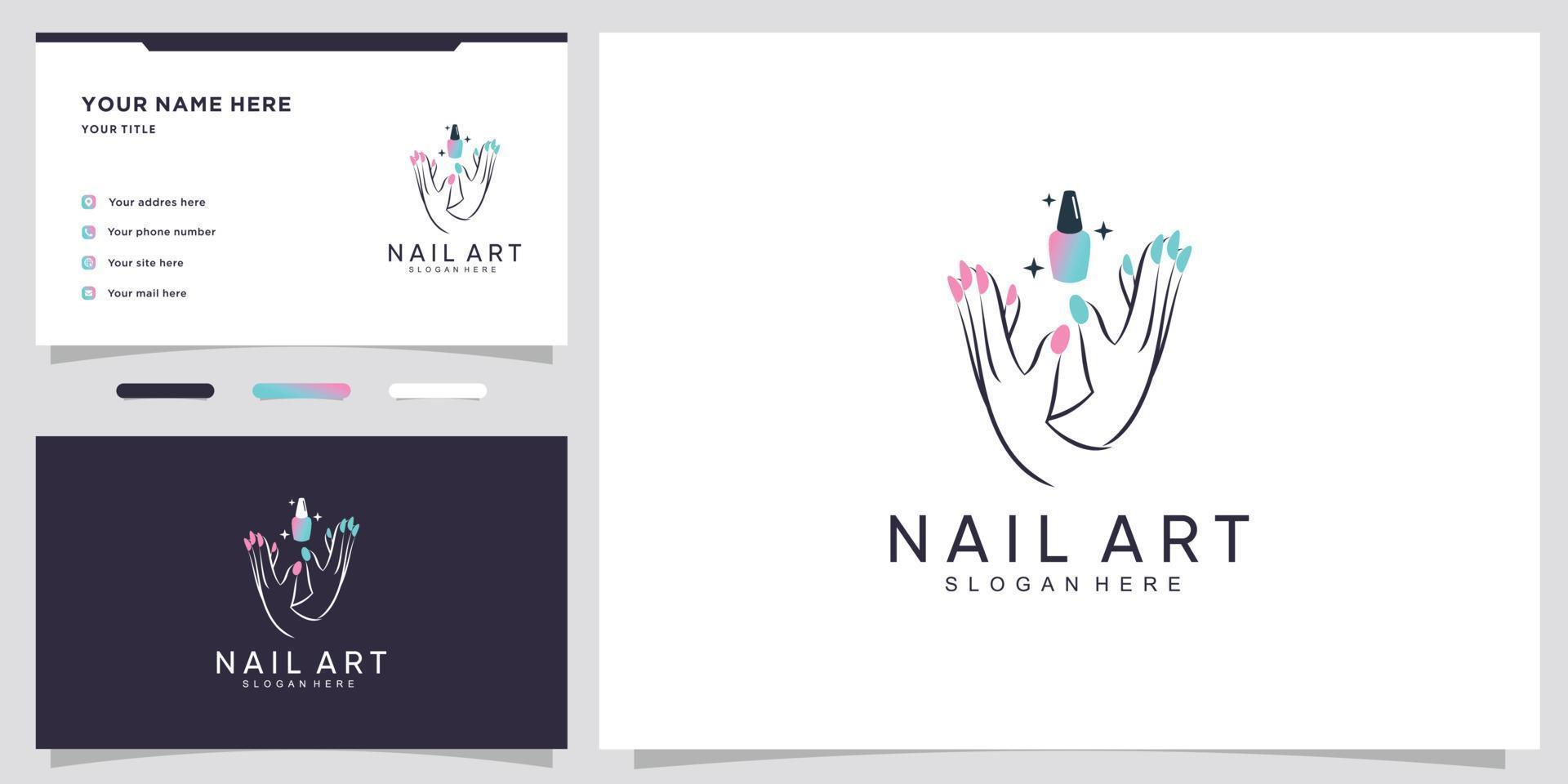 esmalte de uñas o diseño de logotipo de uñas con concepto creativo y diseño de tarjeta de visita vector premium