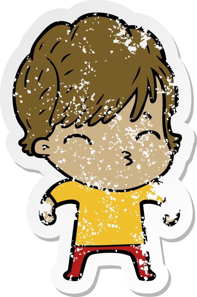 distressed sticker of a cartoon woman thinking vector