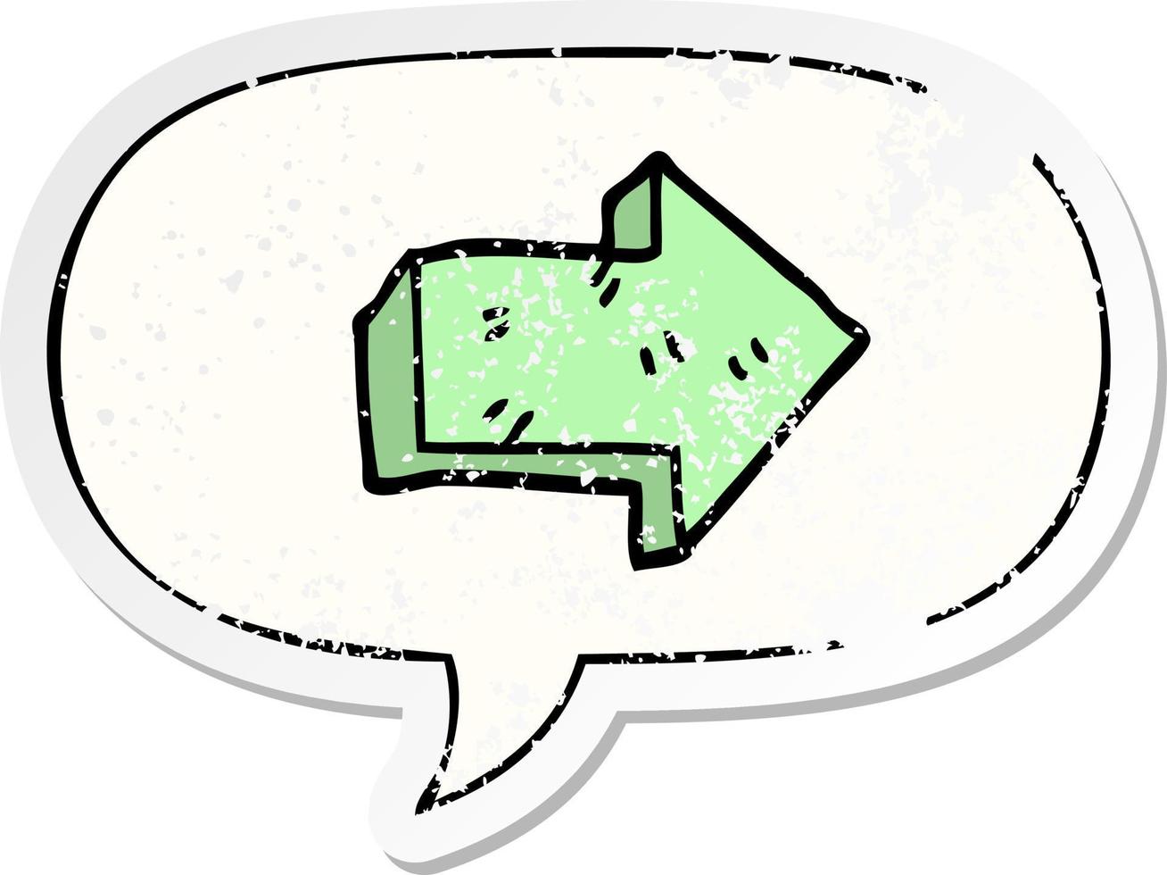cartoon pointing arrow and speech bubble distressed sticker vector