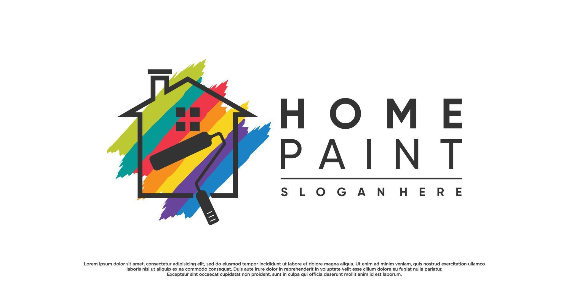 diseño de logotipo de pintura y casa con elemento de pincel y vector premium de color arco iris