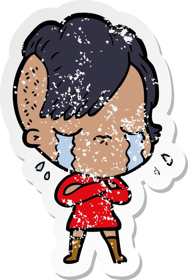 distressed sticker of a cartoon crying girl vector