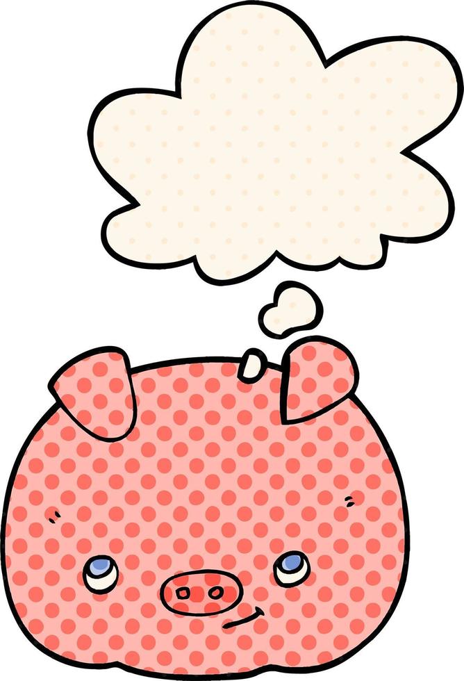 cartoon happy pig and thought bubble in comic book style vector