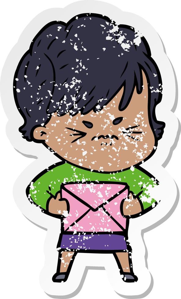 distressed sticker of a cartoon frustrated woman vector