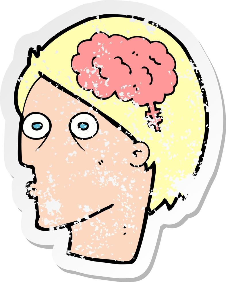 retro distressed sticker of a cartoon head with brain symbol vector