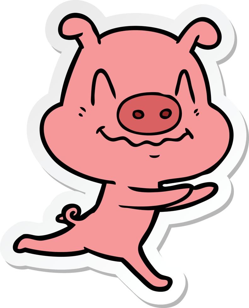 sticker of a nervous cartoon pig running vector