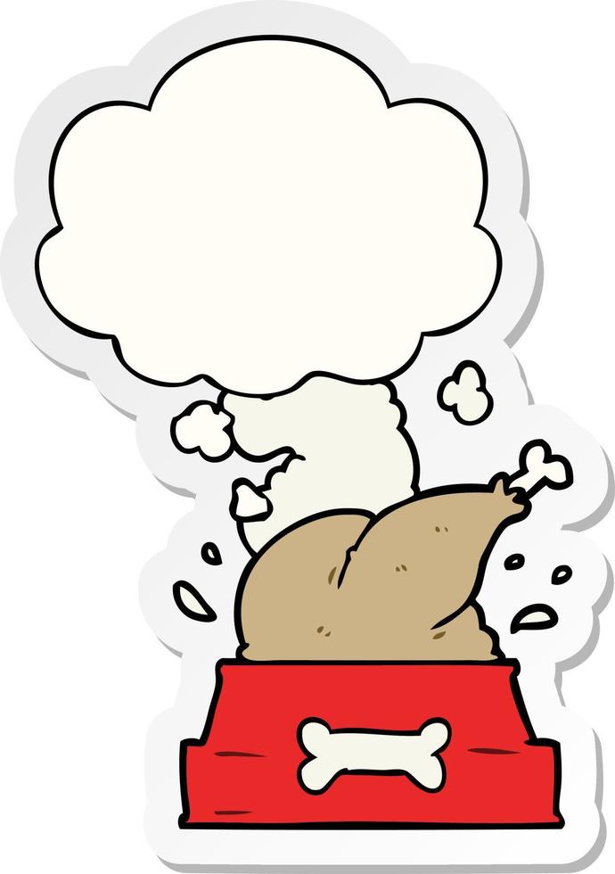 cartoon dog bowl with chicken and thought bubble as a printed sticker vector