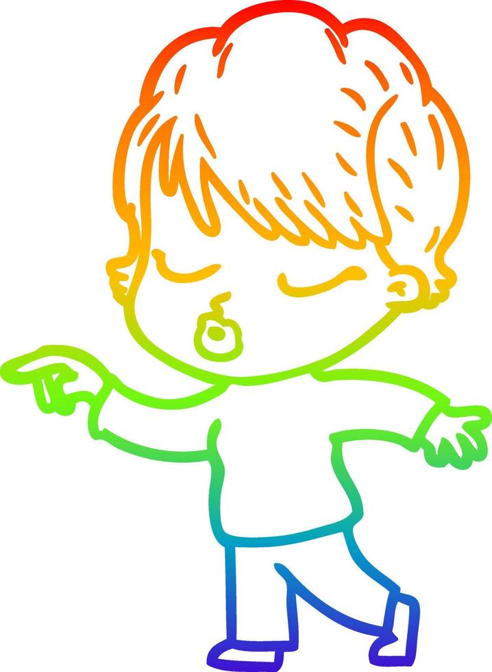 rainbow gradient line drawing cartoon woman with eyes shut vector