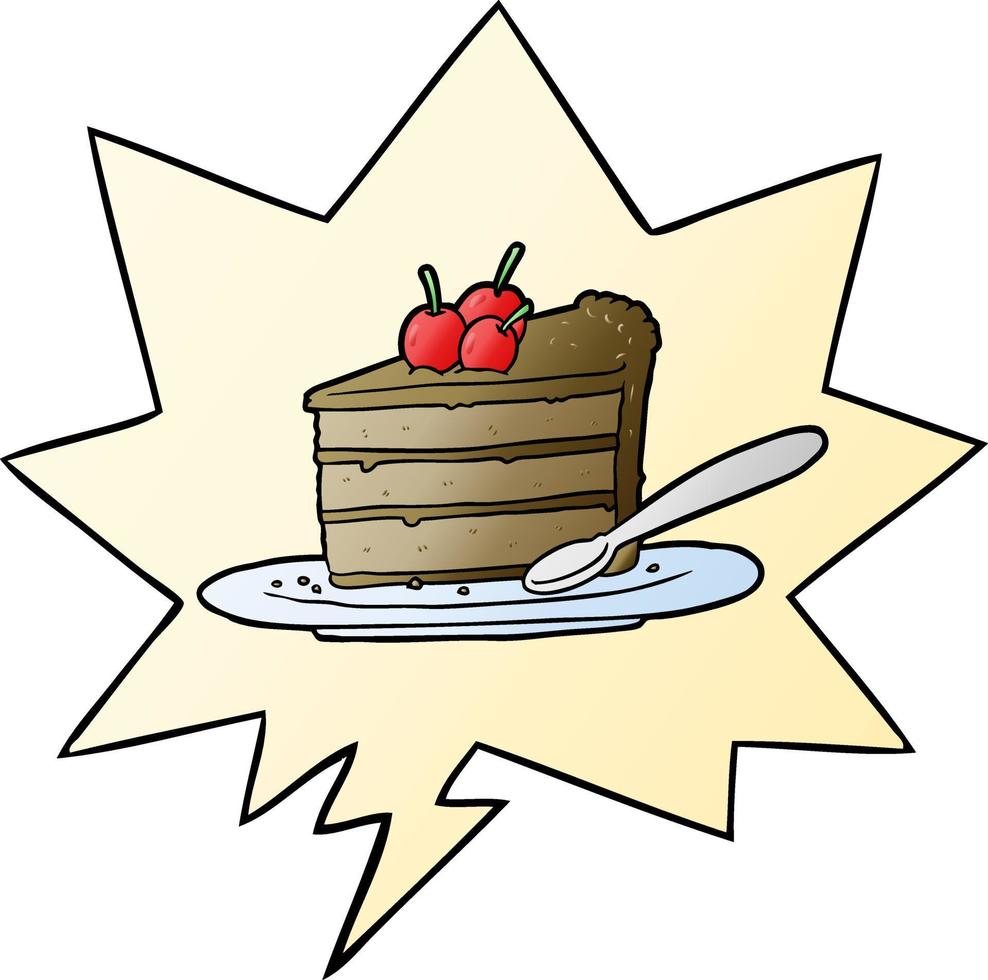 caricatura cara rebanada de pastel de chocolate y burbuja de habla en un estilo de gradiente suave vector