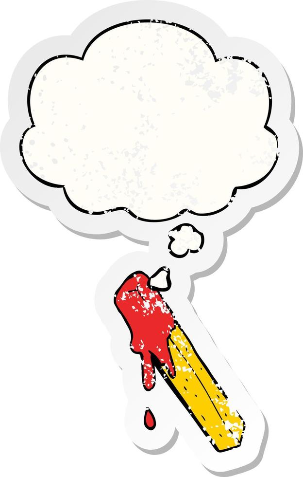 cartoon dipped fry and thought bubble as a distressed worn sticker vector