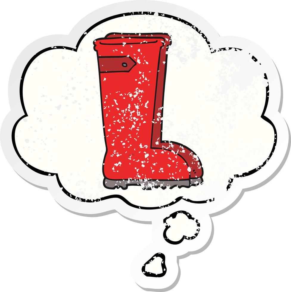 cartoon wellington boots and thought bubble as a distressed worn sticker vector