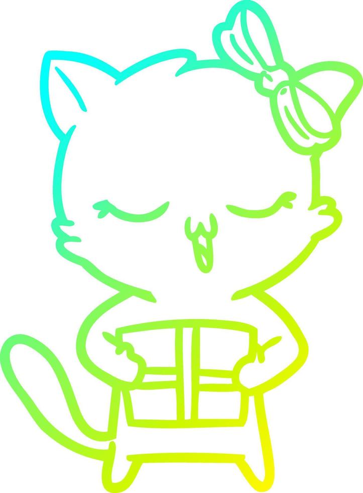 cold gradient line drawing cartoon girl cat with christmas present vector