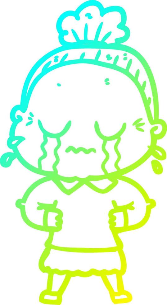 cold gradient line drawing cartoon crying old lady vector