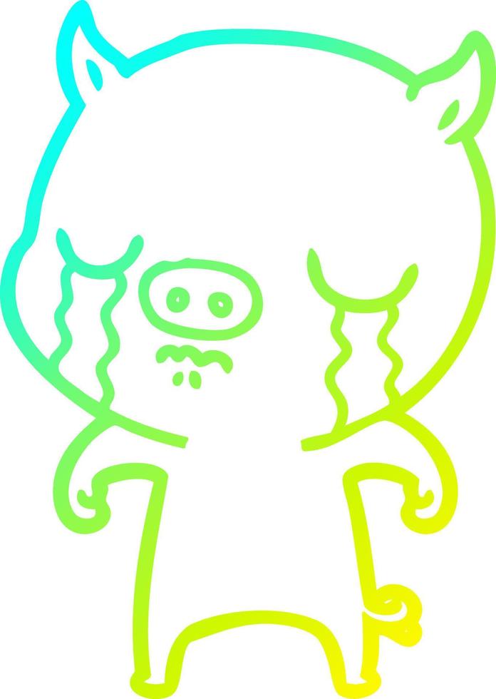 cold gradient line drawing cartoon pig crying vector