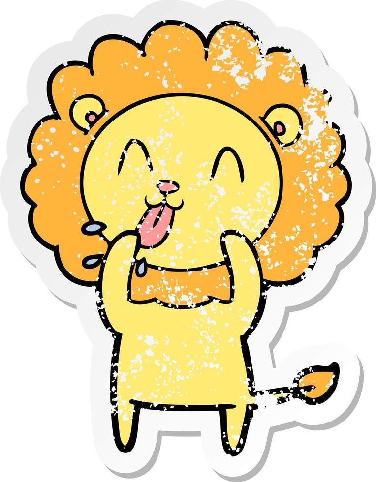 distressed sticker of a happy cartoon lion vector