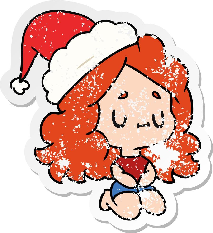 christmas distressed sticker cartoon of kawaii girl vector