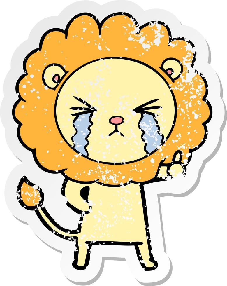 distressed sticker of a cartoon crying lion vector