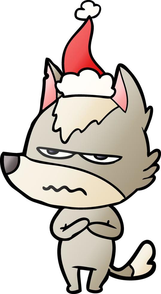 gradient cartoon of a annoyed wolf wearing santa hat vector