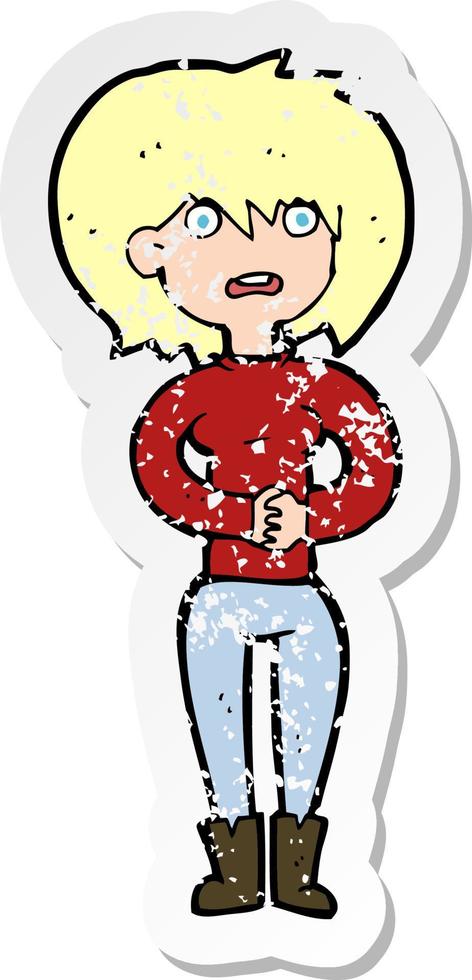 retro distressed sticker of a cartoon worried woman vector