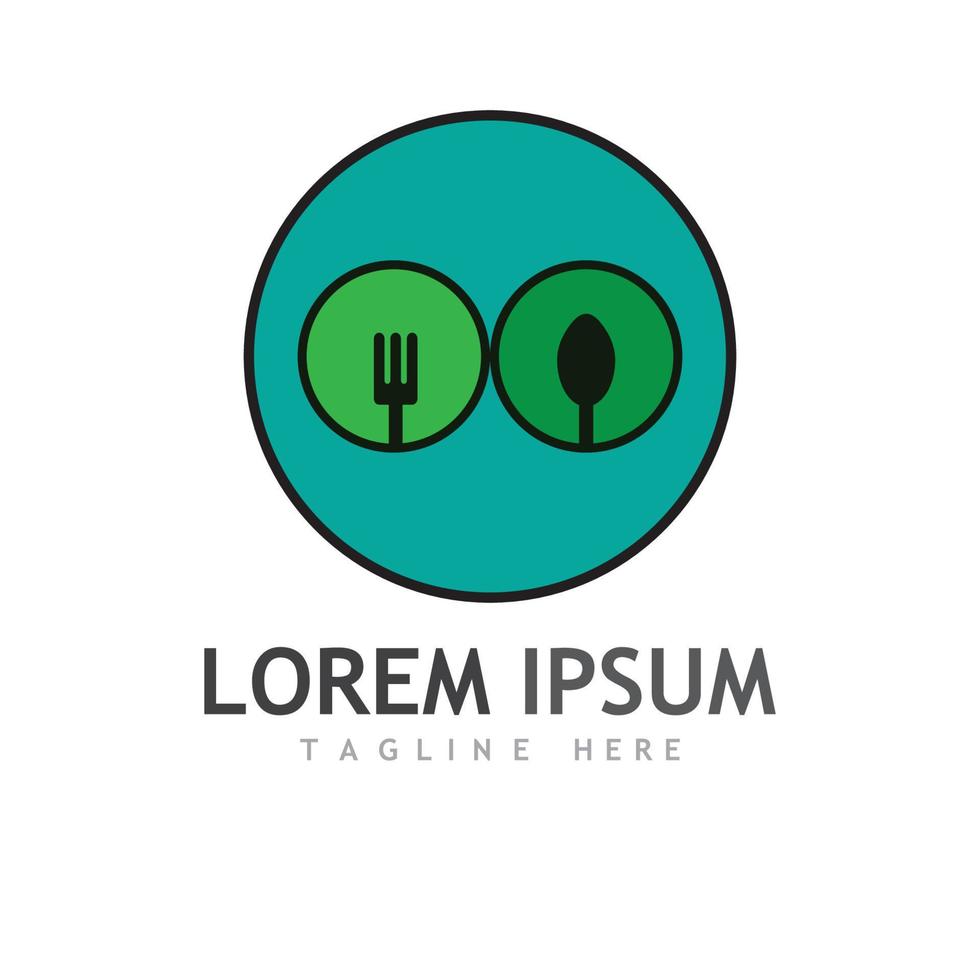 logotipo de alimentos saludables, con hojas, cuchara y tenedor. vector