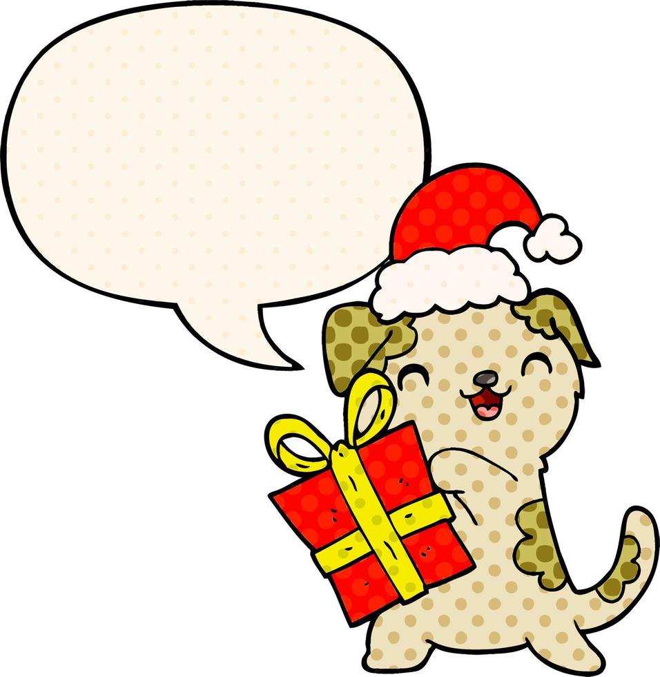 lindo cachorro de dibujos animados y regalo de navidad y sombrero y burbuja de habla al estilo de un libro de historietas vector