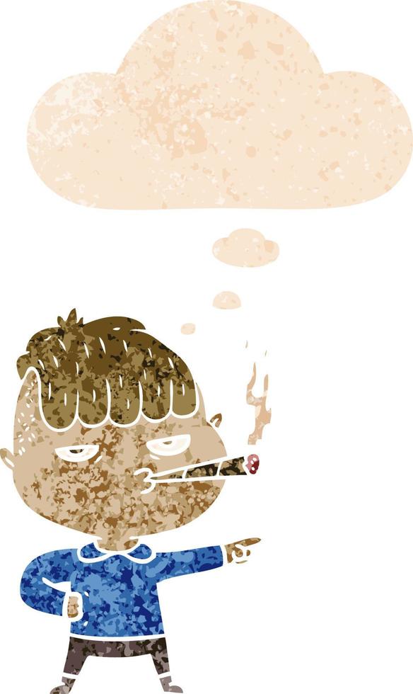 cartoon man smoking and thought bubble in retro textured style vector