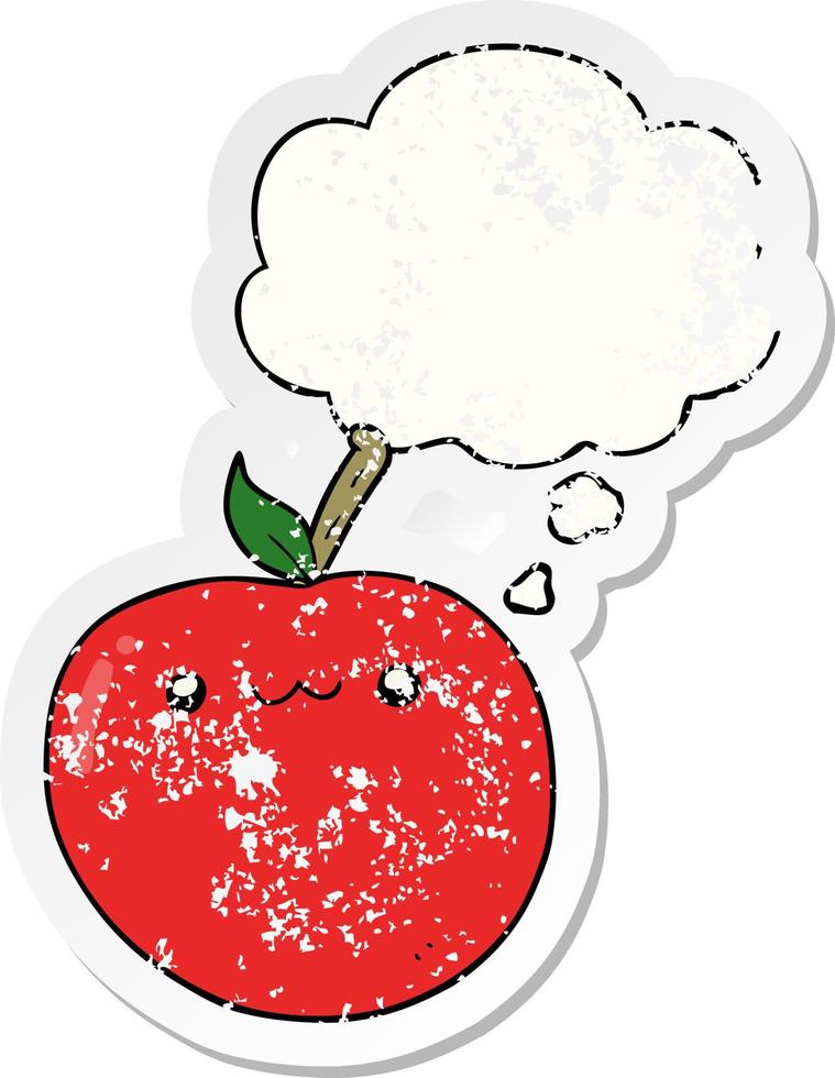 cartoon cute apple and thought bubble as a distressed worn sticker vector