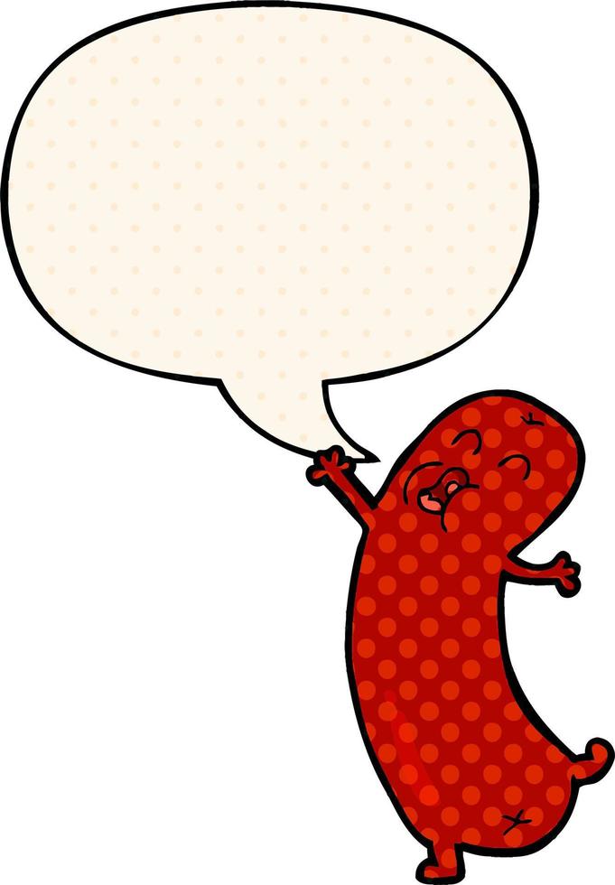 cartoon dancing sausage and speech bubble in comic book style vector
