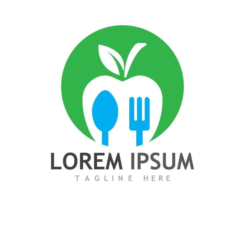 Health food logo, with leaves, spoon and fork. vector