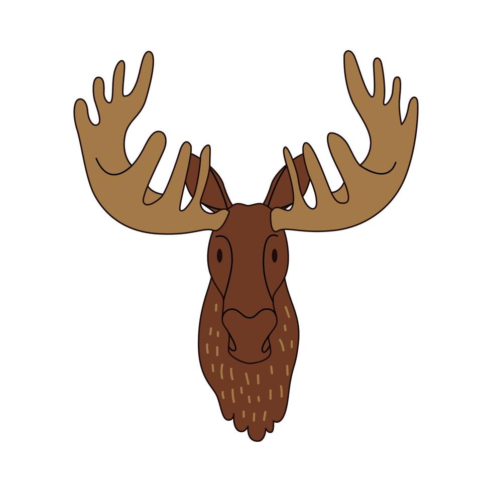 Cartoon elk head isolated. Colored vector illustration of a moose head with an outline on a white background. Cute illustration of a horned animal.