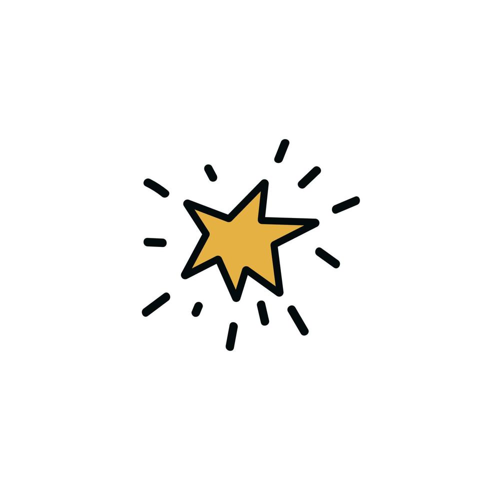 Cartoon shining star. Hand drawn yellow star with rays. Vector stock illustration of celestial element isolated on white background.