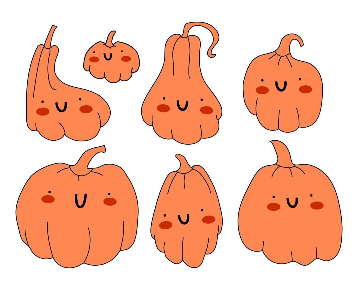Set of cute orange pumpkins with eyes and a smile. Collection of adorable pumpkins with faces. Vector stock illustration isolated on white background.