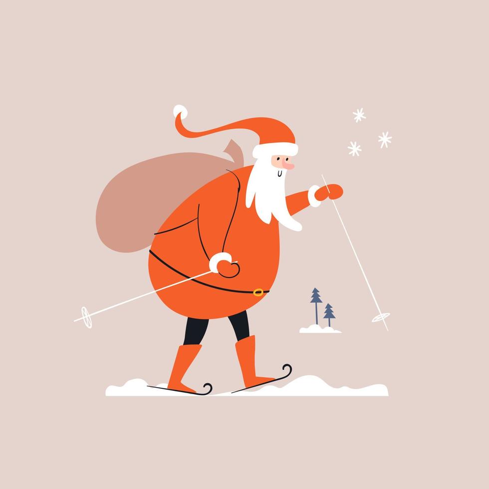 Cartoon Santa is skiing in the snow and carrying a bag of gifts. Jolly Santa Claus is on a journey. Christmas vector illustration isolated.