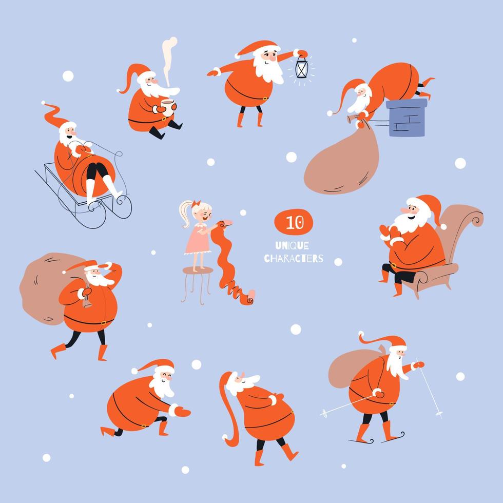 Set of funny cartoon Santa Clauses and baby on a blue background. A collection of diverse Santa characters behind different actions. Vector stock illustration isolated.