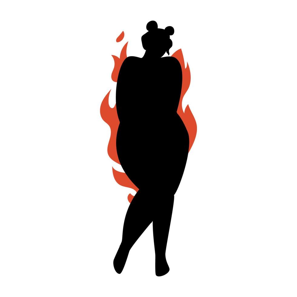 Female silhouette on a white background. Modest plus size girl posing. Vector stock illustration of a confident woman without complexes isolated.