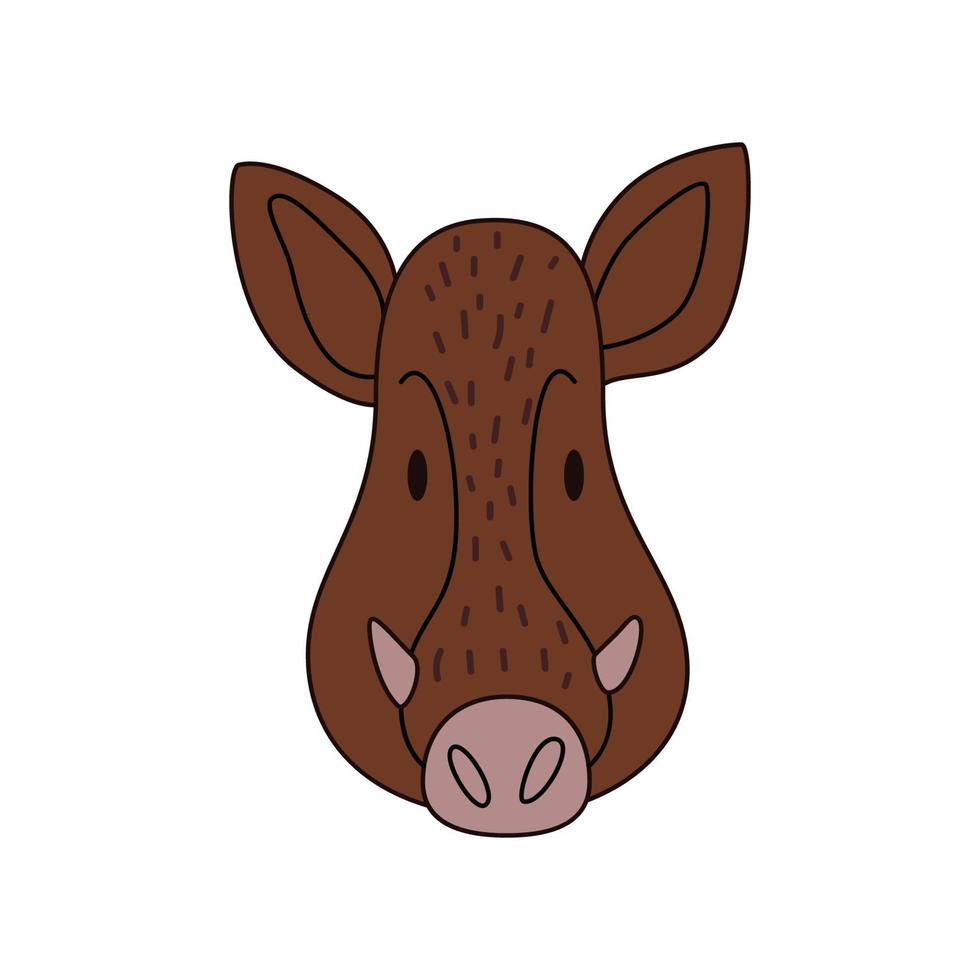 Cartoon boar head isolated. Colored vector illustration of a wild boar head with an outline on a white background. Cute animal illustration.