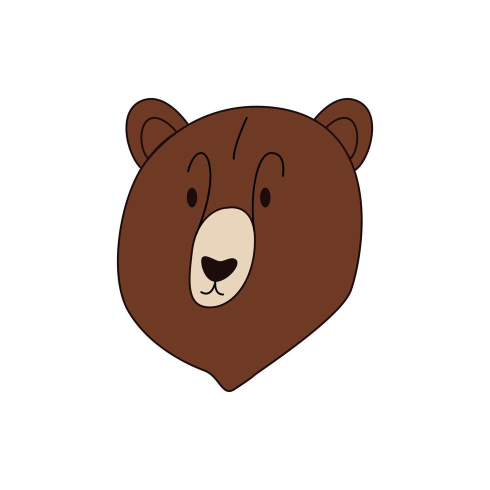 Cartoon bear head isolated. Colored vector illustration of a head of a brown bear with an outline on a white background. Cute illustration of a predatory animal.