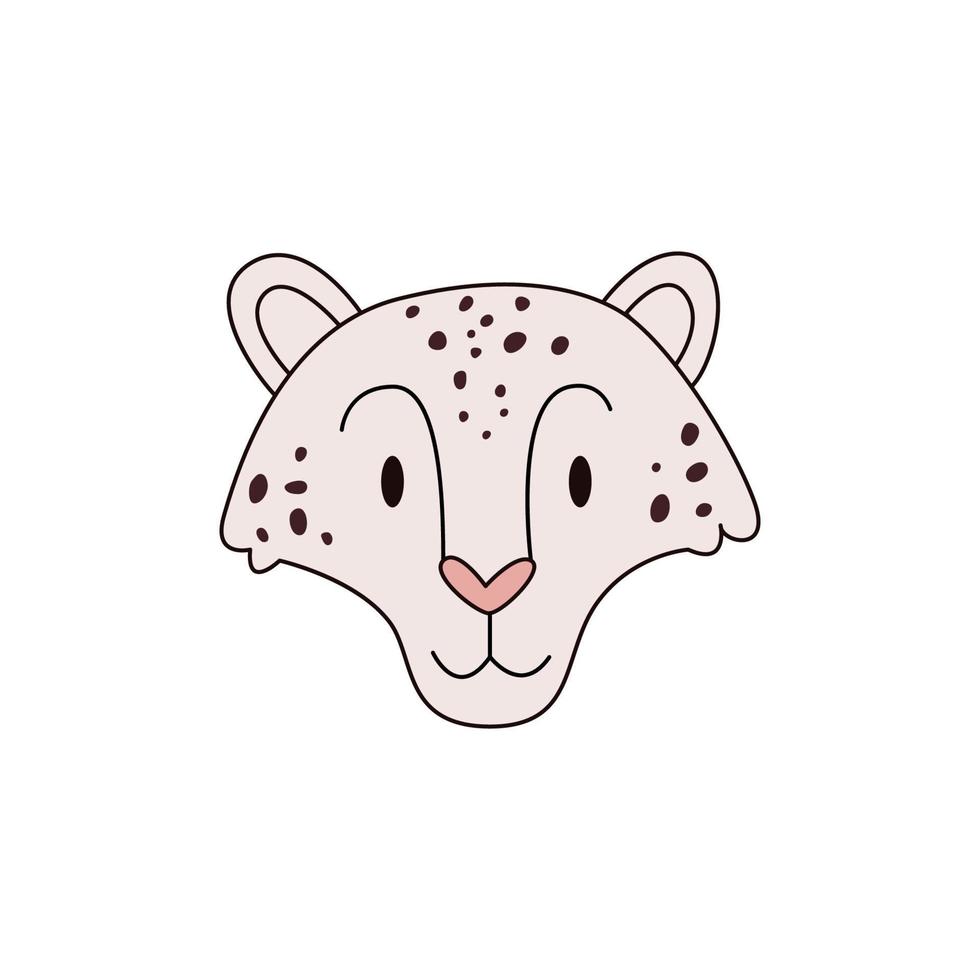 Cartoon head leopard isolated. Colored vector illustration of a snow leopard head with outline on a white background. Cute Panthera uncia predator illustration.