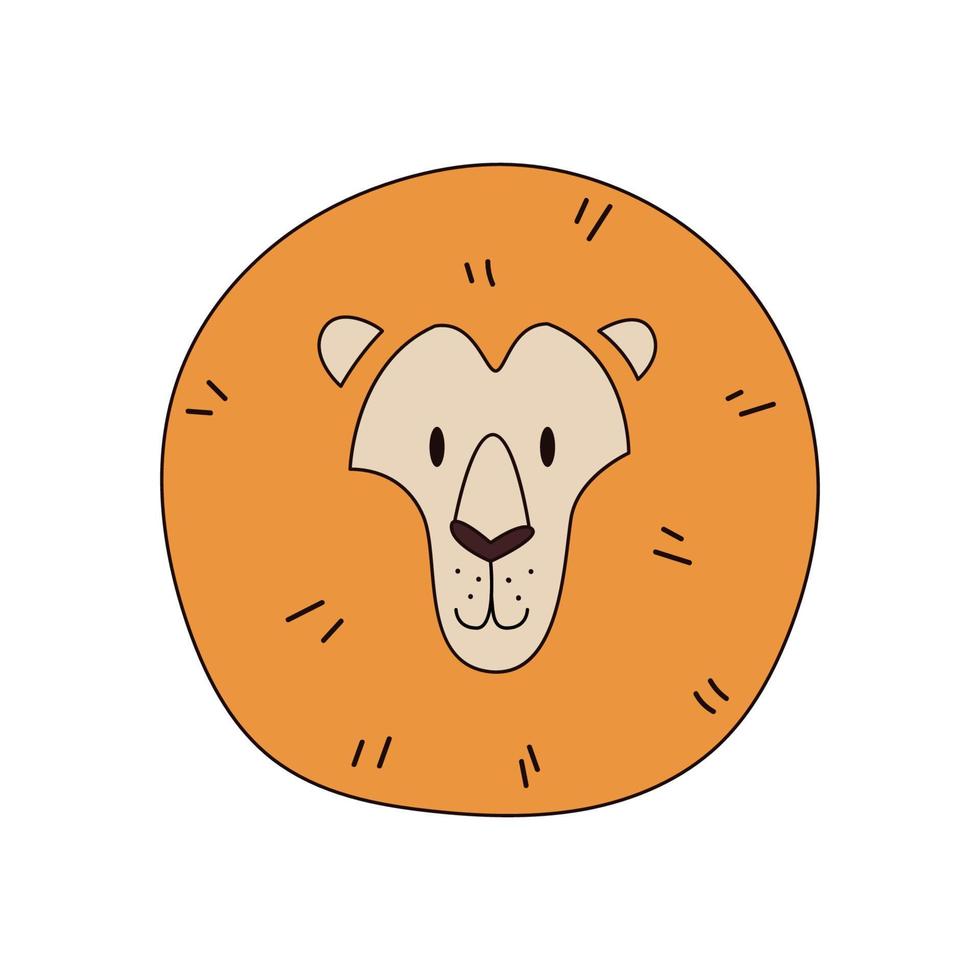 Cartoon lion head isolated. Colored vector illustration of a lion's head with an outline on a white background. Cute illustration of a predatory animal.